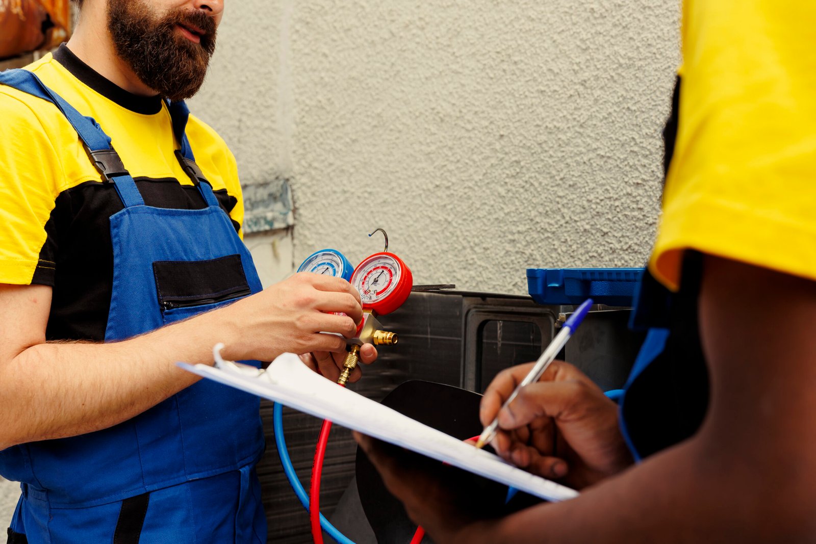 Proficient experts coworkers commissioned to do air conditioner check, refilling freon. Licensed servicemen using barometer set to meticulously measure the pressure in condenser